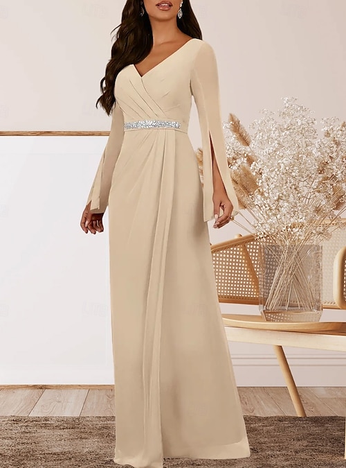 A-Line Mother of the Bride Dress Wedding Guest Elegant V Neck Floor Length  Chiffon Long Sleeve with Crystals Ruching 2026 - $164.99