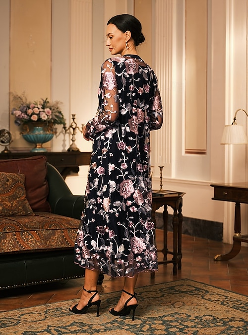Women's Midi Dress Sheath Dress Dress With Jacket Elegant Cocktail Semi Formal  Formal Party Wedding Guest Regular Fit Floral Long Sleeve Crew Neck Black  Spring Fall Winter 2026