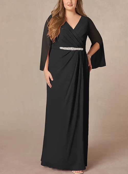 A-Line Mother of the Bride Dress Wedding Guest Elegant V Neck Floor Length  Chiffon Lace Long Sleeve with Pleats Beading Ruching 2026 - 187.99