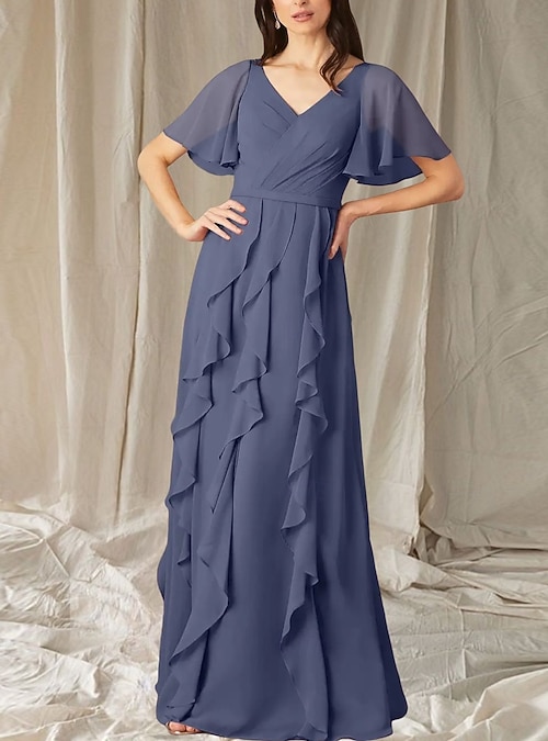 A-Line Mother of the Bride Dress Wedding Guest Elegant Sweet V Neck Floor  Length Chiffon Short Sleeve Long Sleeve with Cascading Ruffles Ruching 2026 
