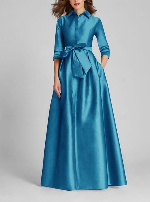 A-Line Floor Length Shirt Dress Wedding Guest Dress Formal Dresses Mother of the Bride Dress Half Sleeve Shirt Collar Minimalist Formal Wedding Guest