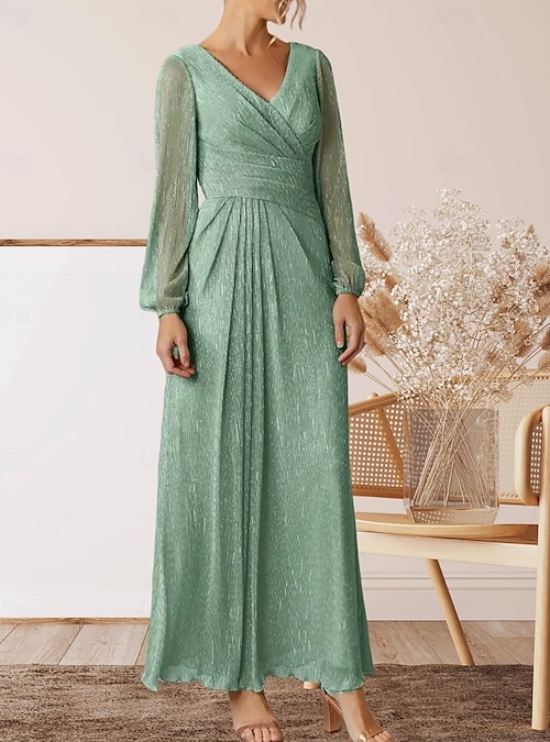 elegant chiffon dresses for wedding guests with sleeves Long Sleeves V Neck Ankle Length Chiffon Wedding Guest Dresses, Plum main image 1