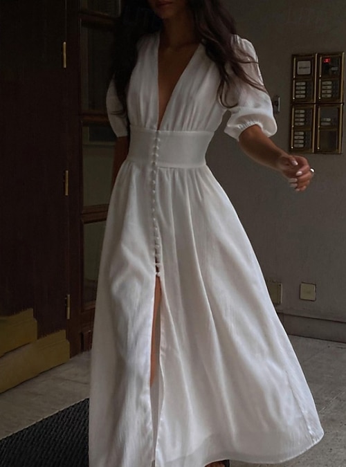 Women's Midi Dress White Dress Graduation Dress Party Dress Fashion Modern  Party Birthday Date Regular Fit Plain Short Sleeve V Neck Black White  Summer 2026 - AU $64.69