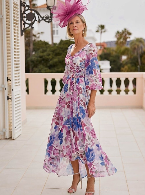Floral Dress Mother of the Bride Dress Elegant Vintage V Neck Asymmetrical  Chiffon 3/4 Length Sleeve with Lace Appliques Flower Race Day Dress Wedding  Guest Dress 2025 - €191.99