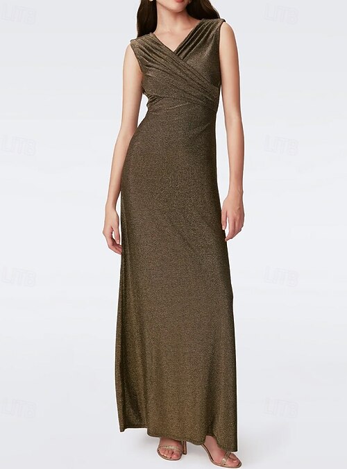 A-Line Evening Gown Gold Metallic Jersey Dress Oldmoney Dress Formal  Wedding Floor Length Sleeveless V Neck Crossover Style with Pleats Ruched  2026 - $156.99