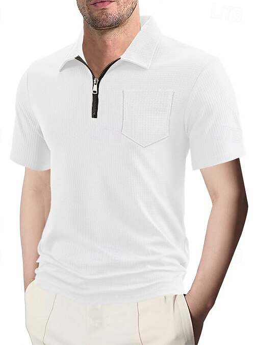 Men's Zip Polo Waffle Knit Polo Shirt Outdoor Casual Lapel Quarter