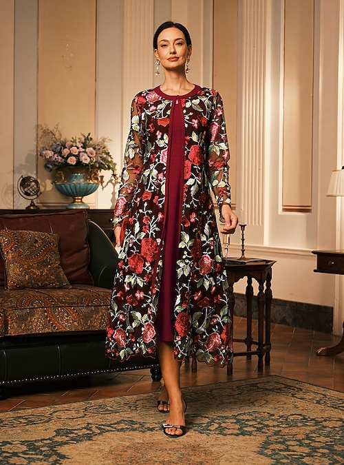 Women's Midi Dress A Line Dress Dress With Jacket Elegant Cocktail Semi Formal Formal Party Wedding Guest Regular Fit Floral Long Sleeve Crew Neck Burgundy Spring Fall Winter 2026 - $72.99 Women's Midi Dress A Line Dress Dress With Jacket Elegant Cocktail Semi Formal Formal Party Wedding Guest Regular Fit Floral Long Sleeve Crew Neck Burgundy Spring Fall Winter 2026 - $72.99