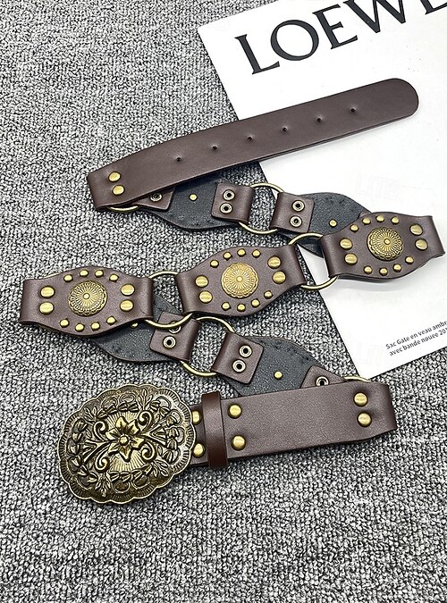 Vintage Enamel Wood Floral Buckle Belt Retro 70s Link Waist Belt Boho Festival Vintage Brown Leather Belt With Floral Buckle, Bohemian  main image 4