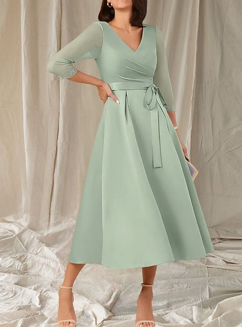 satin v-neck tea length a-line dress A-Line V-Neck Cap Sleeves Flower Tea Length Pleated Satin Mother of The Bride Dresses, Blushing Pink