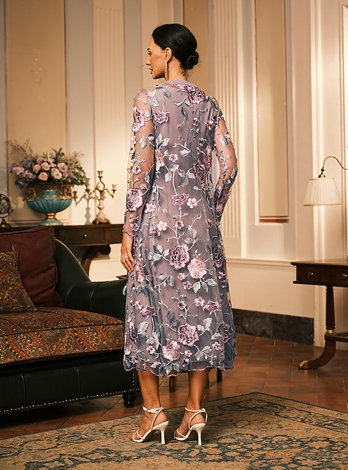 Women's Midi Dress Sheath Dress Dress With Jacket Cocktail Semi Formal  Formal Party Wedding Guest Regular Fit Floral Long Sleeve Crew Neck Gray  Pink Spring Fall Winter 2026 - $31.99