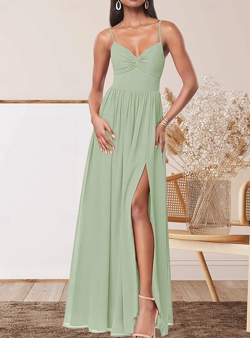A-Line Bridesmaid Dress V Neck Sleeveless Elegant Floor Length Stretch  Chiffon with Pleats / Split Front / Ruching 2022 2026