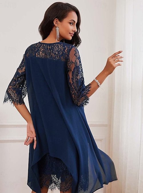knee length dresses for ladies Light Blue Summer Formal Evening Dresses V Neck Simple Lace Wedding Guest Dresses APD3451 main image 1