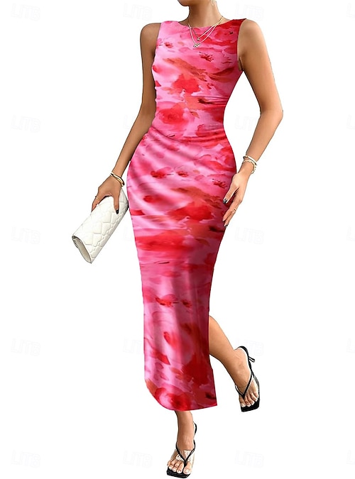 h&m bodycon dress red Short Sleeve 3D Floral Stretch Crepe Sheath Dress In Bright Magenta, Bright Magenta / Regular / 20 main image 1