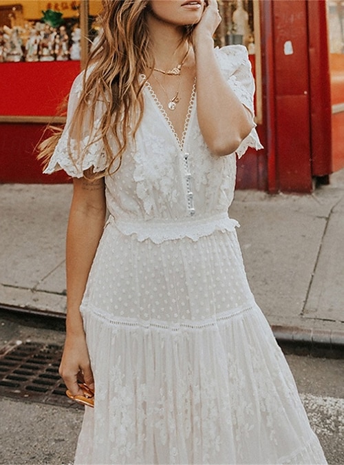 Women's Maxi long Dress White Lace Dress Summer Dress Elegant Romantic Boho  Beach Vacation Holiday Regular Fit Pure Color Short Sleeve V Neck White  Summer Spring 2026 - $44.99