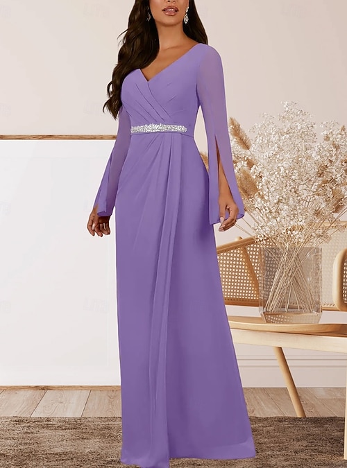 sachin and babi light blue dress A-Line Mother of the Bride Dress Wedding Guest Elegant V Neck Floor Length  Chiffon Long Sleeve with Crystals Ruching 2026