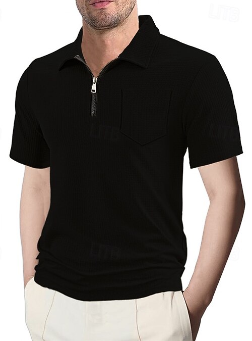 Men's Zip Polo Waffle Knit Polo Shirt Outdoor Casual Lapel Quarter