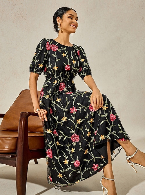 Women's Maxi Dress Black Dress A Line Dress Elegant Stylish Puff Sleeve  Vacation Daily Loose Fit Floral Short Sleeve Crew Neck Black Summer 2026 -  $12
