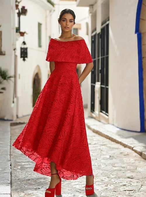 sachin and babi light blue dress A-Line Cocktail Dresses Elegant Wedding Guest Dress Formal Wedding Ankle  Length Short Sleeve Off Shoulder Lace with Pleats 2026