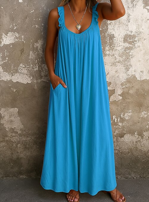 Women's Maxi Dress Faux Cotton Linen Shift Dress Sundress Summer Dress  Casual Daily Slim Solid Color Sleeveless Strap Blue Black Yellow Red Summer  2026 - $23.99