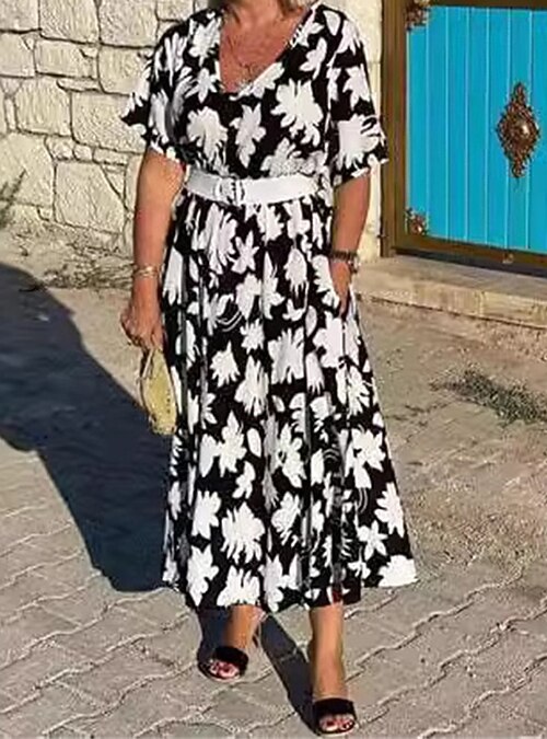 Women's Long Dress Maxi Dress Casual Dress Swing Dress Fashion Outdoor  Party Holiday Regular Fit Flower Short Sleeve V Neck Blue Black Summer 2026  - $29.99