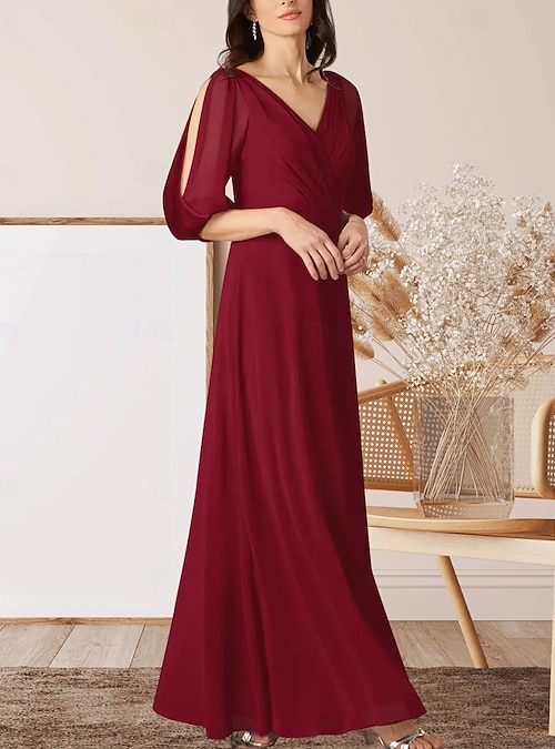 slim fit dress slacks Ink Blue Mother of The Bride Dress V-Neck A-Line Half Sleeves Ruched Zipper Long Chiffon Mother of The Bride Dress main image 1