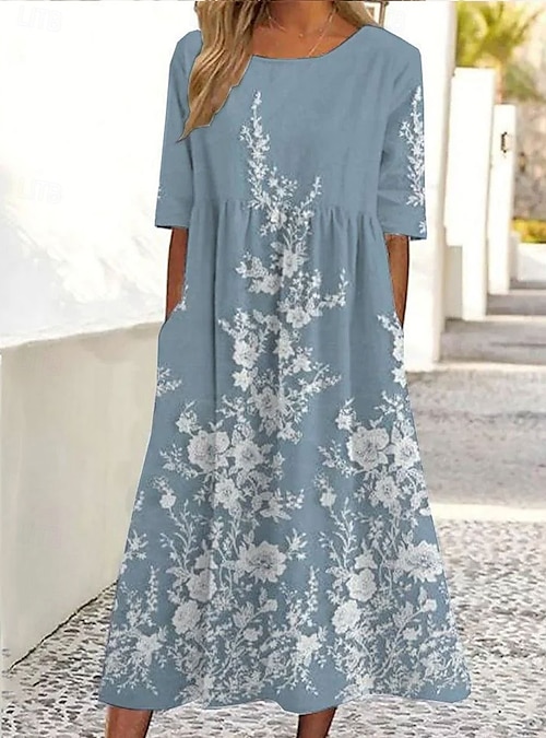 Women's Midi Dress A Line Dress Summer Dress Vacation Casual Daily Holiday Loose Fit Floral Graphic Half Sleeve Crew Neck Sky Blue Peacock Blue Summer 2026 - kr.349 Women's Midi Dress A Line Dress Summer Dress Vacation Casual Daily Holiday Loose Fit Floral Graphic Half Sleeve Crew Neck Sky Blue Peacock Blue Summer 2026 - kr.349