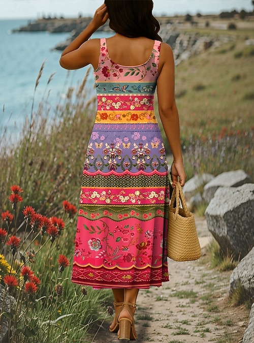 Women's Maxi Dress Boho A Line Dress Off The Shoulder Dress Vacation Casual  Beach Party Going out Standard Fit Graphic Tribal Sleeveless Square Neck  Blue Black White Red Summer Spring 2026 - $31.99