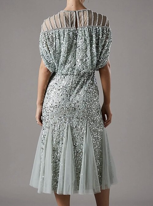 A-Line Mother of the Bride Dress Beach Wedding Simple Luxurious Crew Neck  Wedding Guest Dress Tea Length Midi Length Lace Sequined Short Sleeve with  Pearls 2026 - 175.99