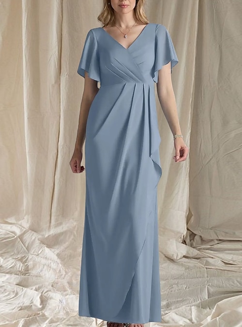A-Line Mother of the Bride Dress Wedding Guest Elegant Sweet V Neck Floor  Length Chiffon Short Sleeve with Ruching Side-Draped 2026