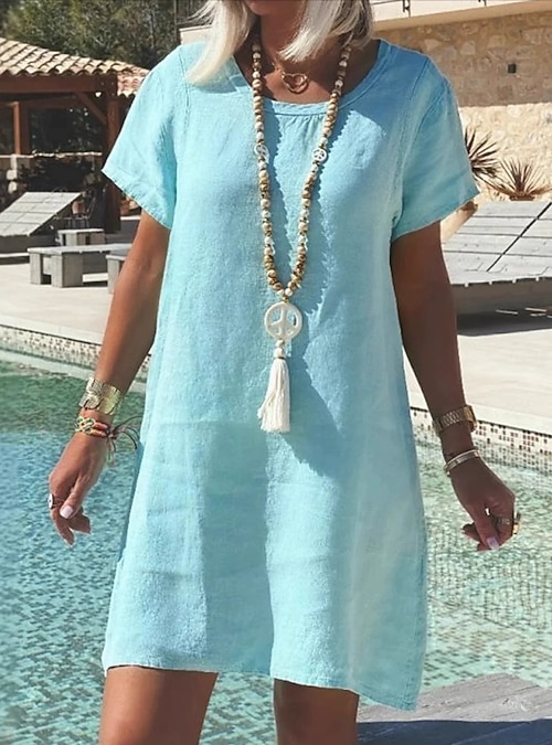 Women's Mini Dress White Dress Cotton Linen Dress Vacation Casual Holiday Form Fit Plain Short Sleeve Crew Neck White Light Blue Summer Spring Women's Mini Dress White Dress Cotton Linen Dress Vacation Casual Holiday Form Fit Plain Short Sleeve Crew Neck White Light Blue Summer Spring