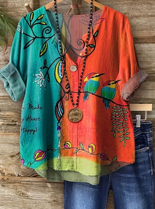 Blusa de mujer de manga larga con cuello en V gráfico floral