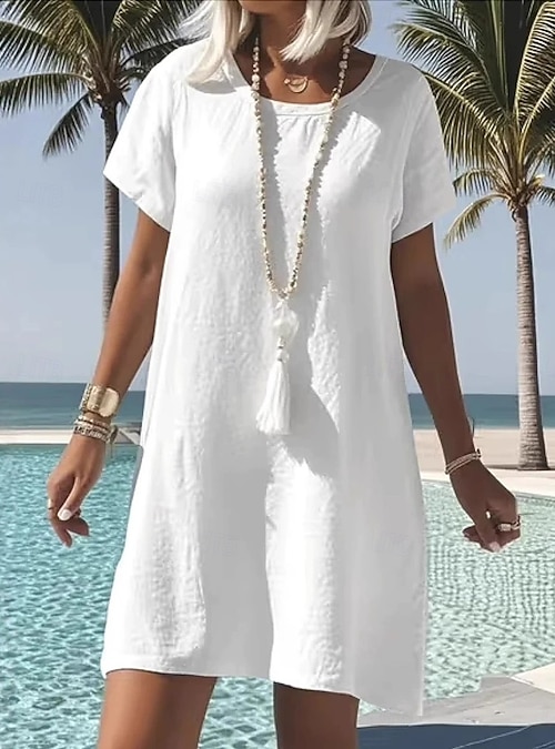 Women's Mini Dress White Dress Cotton Linen Dress Vacation Casual Holiday Form Fit Plain Short Sleeve Crew Neck White Light Blue Summer Spring Women's Mini Dress White Dress Cotton Linen Dress Vacation Casual Holiday Form Fit Plain Short Sleeve Crew Neck White Light Blue Summer Spring