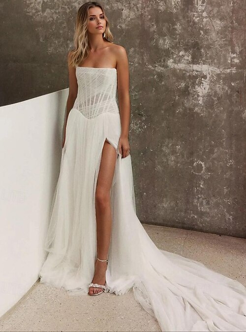 Beach Wedding Drop Waist Dress Corset Dress Little White Dresses Formal  Wedding Dresses A-Line Sleeveless Court Train Tulle Bridal Gowns With  Ruched and Pleats 2026 - $129.99