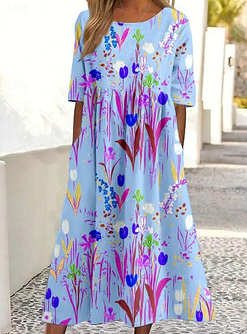 Women's Midi Dress Summer Dress Pleated Dress Vacation Casual Beach Holiday  Loose Fit Floral Graphic Short Sleeve Crew Neck Pink Blue Green Summer 2026  - $33.99