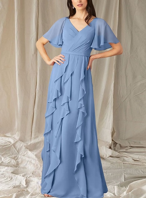 A-Line Mother of the Bride Dress Wedding Guest Elegant Sweet V Neck Floor  Length Chiffon Short Sleeve Long Sleeve with Cascading Ruffles Ruching 2026  - $161.99
