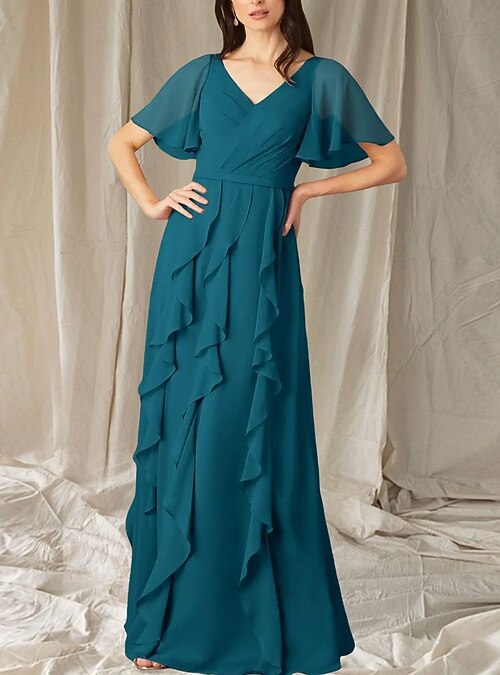 A-Line Mother of the Bride Dress Wedding Guest Elegant Sweet V Neck Floor  Length Chiffon Short Sleeve Long Sleeve with Cascading Ruffles Ruching 2026 