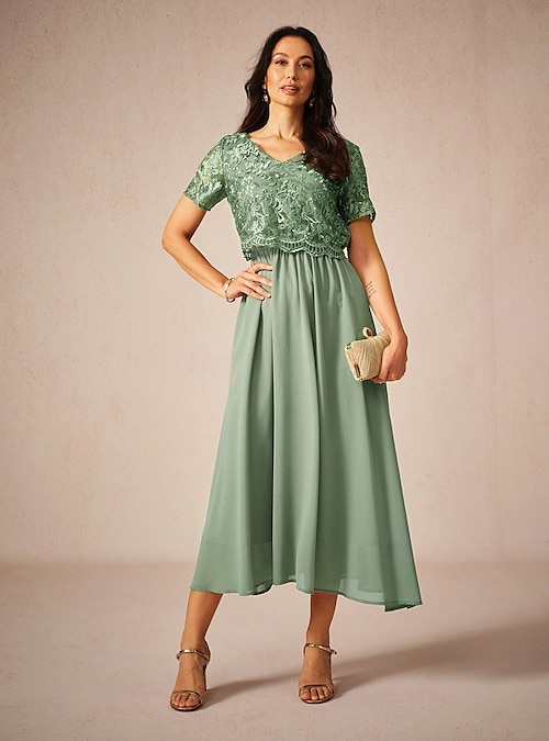 Women's Wedding Guest Cocktail Dress Maxi Dress Contrast Lace Party Elegant  Formal V Neck Short Sleeve Pink Green Gray Color 2026 - $26.99