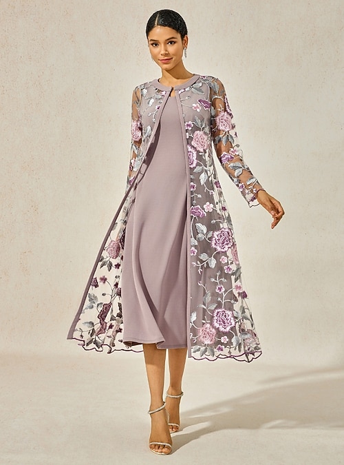 knee length dresses for ladies Zapaka Women Dark Purple Beaded Mother of The Bride Dress Floral Sequin A Line Wedding Guest Dress with Long Sleeves, Dark Purple / 2XL
