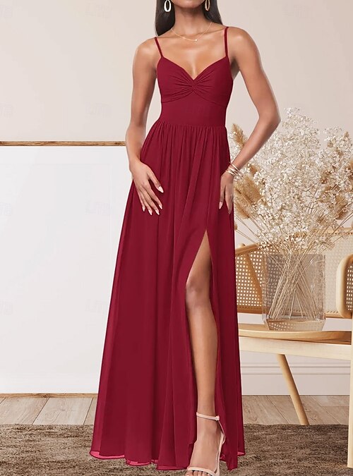 A-Line Bridesmaid Dress V Neck Sleeveless Elegant Floor Length Stretch Chiffon with Pleats / Split Front / Ruching 2022 2026 - $158.99 A-Line Bridesmaid Dress V Neck Sleeveless Elegant Floor Length Stretch Chiffon with Pleats / Split Front / Ruching 2022 2026 - $158.99