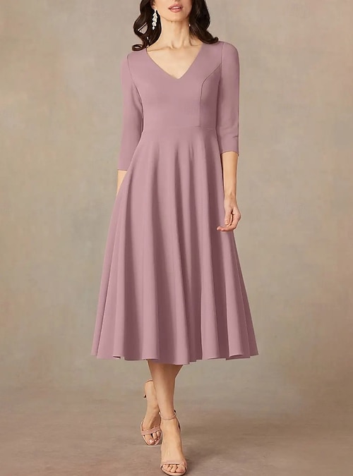 A-Line Ankle Length Party Dress Cocktail Dress Wedding Guest Dress Mother of the Bride Dress 3 4 Length Sleeve V Neck Elegant Minimalist Wedding Guest