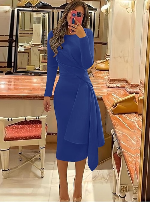 Beach Wedding Sheath Cocktail Dresses Elegant Dress Formal Fall Knee Length Long Sleeve Jewel Neck Stretch Fabric with Pleats Ruched Dresses