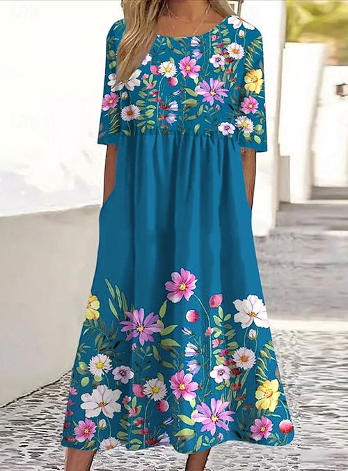 Women's Midi Dress A Line Dress Summer Dress Vacation Casual Daily Holiday  Loose Fit Floral Graphic Half Sleeve Crew Neck Sky Blue Peacock Blue Summer  2026 - 108
