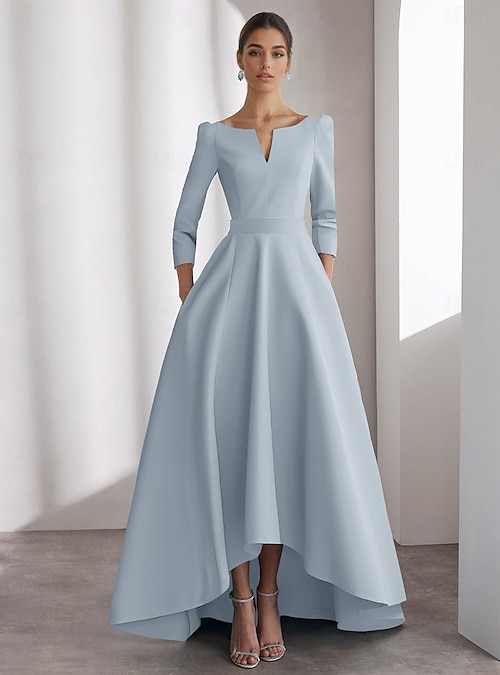 navy blue dress for baby girl A-Line Asymmetrical Ankle Length Formal Dresses A Line Dress Cocktail Dresses Elegant Vintage Long Sleeve V Neck Wedding Formal Satin with Pocket