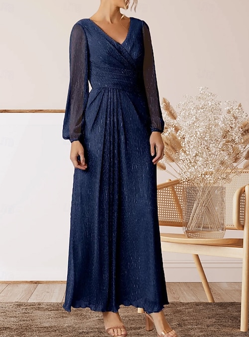 sachin and babi light blue dress A-Line Mother of the Bride Dress Wedding Guest Elegant V Neck Floor Length  Chiffon Long Sleeve with Pleats Ruching 2026