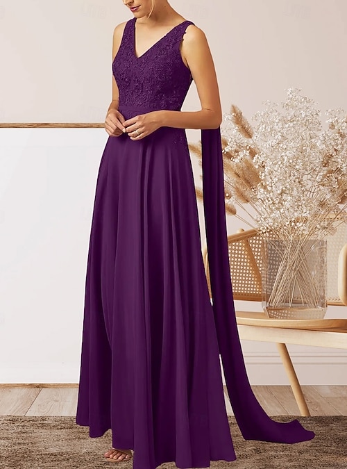 A-Line Wedding Guest Dresses Elegant Dress Wedding Guest Engagement Floor  Length Sleeveless V Neck Fall Wedding Guest Chiffon with Appliques 2026 -  $178.99