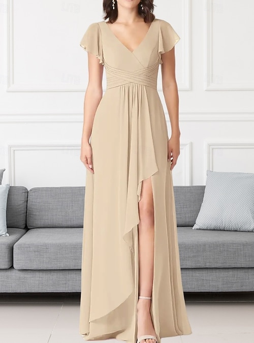 A-Line Bridesmaid Dress V Neck Short Sleeve Elegant Floor Length Chiffon  with Pleats / Ruffles / Ruching 2026 - CAD $262.99