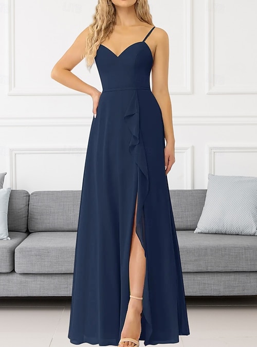 sachin and babi light blue dress A-Line Chiffon Spaghetti Straps V-Neck Floor Length Bridesm aid Dress   COCOSBRIDE