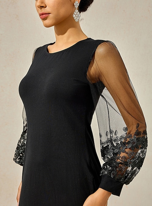 black lace dress for christmas party Women's Tea Length Black Dress Lace Dress Elegant Christmas Party Plain  Long Sleeve Crew Neck Black Spring Fall Winter 2026