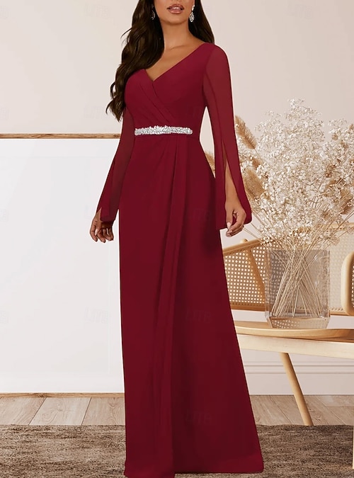 princess polly baby blue dress A-Line Mother of the Bride Dress Wedding Guest Elegant V Neck Floor Length  Chiffon Long Sleeve with Crystals Ruching 2026