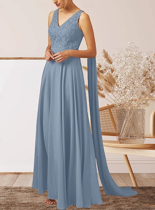 sachin and babi light blue dress A-Line Wedding Guest Dresses Elegant Dress Wedding Guest Engagement Floor  Length Sleeveless V Neck Fall Wedding Guest Chiffon with Appliques 2026